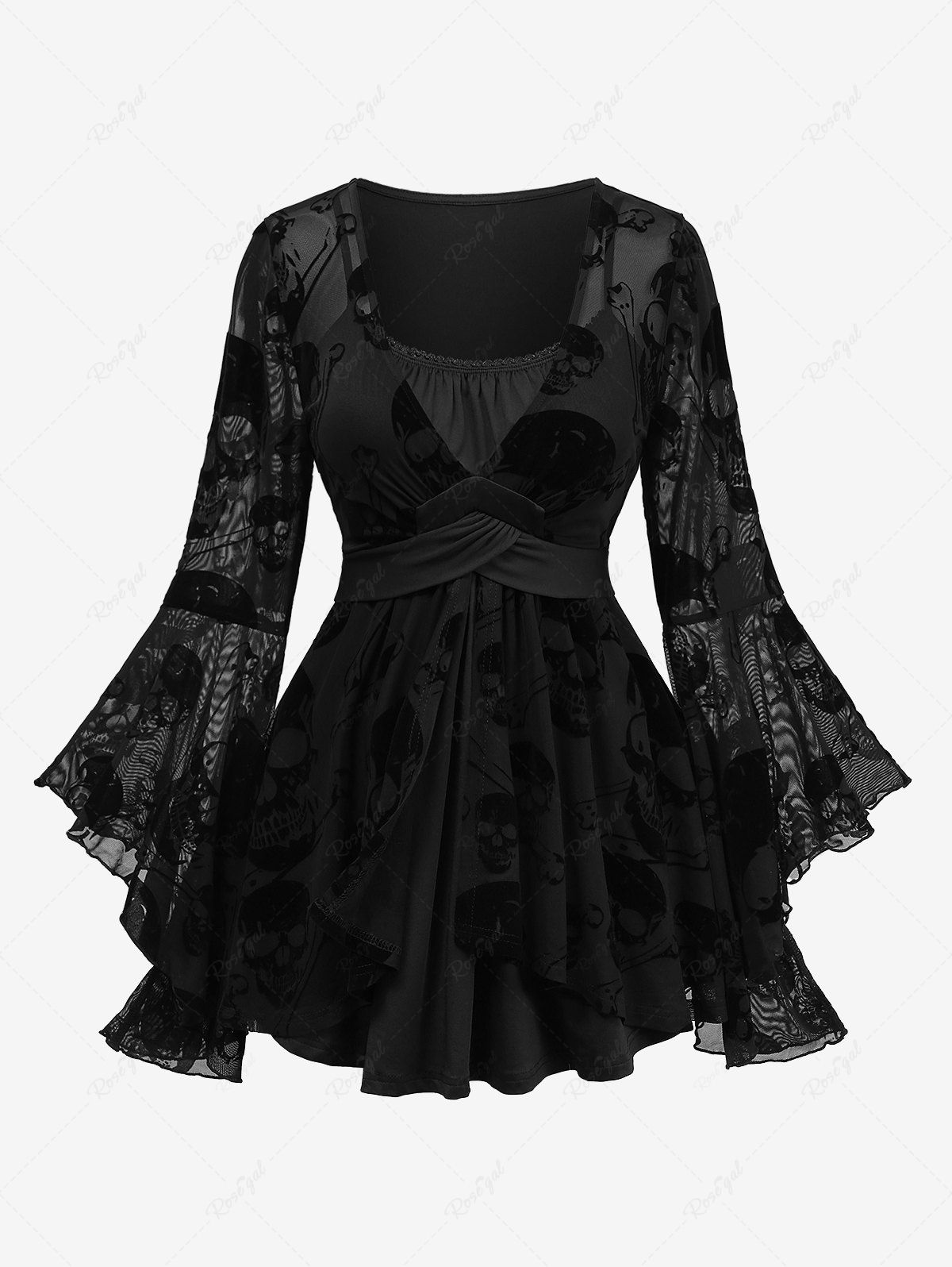 Online Plus Size Skulls Flocking Ruched Lace Trim Flare Sleeves Top  