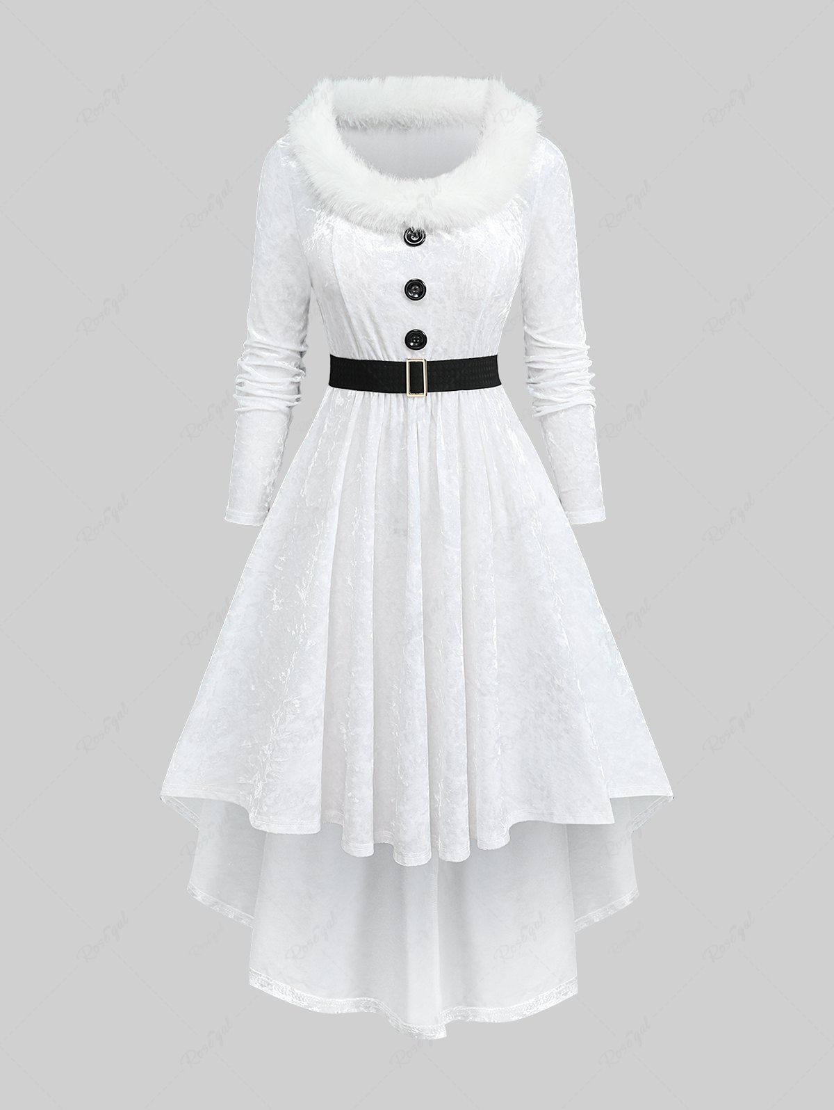 Cheap Plus Size Buttons Fleece Neck Long Sleeve Velvet High Low Dress With Belt  