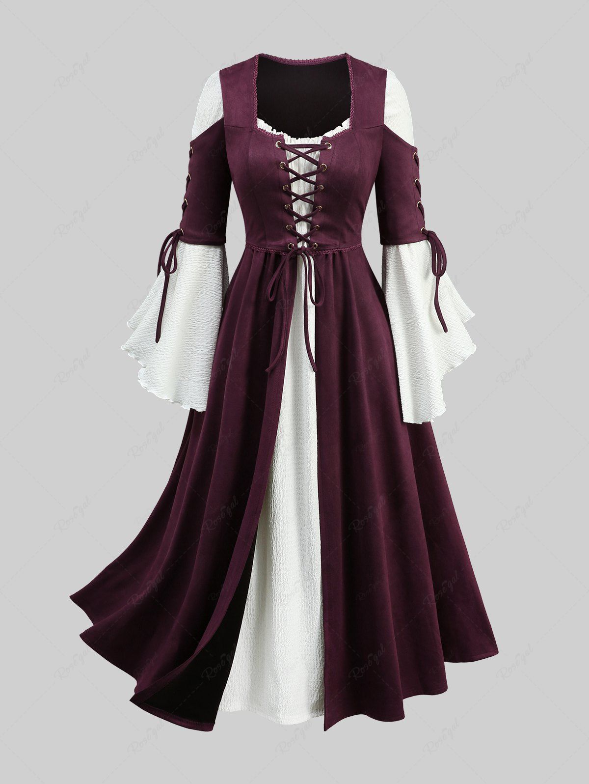 Best Plus Size Lace-up Grommets Ruffles Lace Trim Flare Sleeves 2 In 1 Dress  