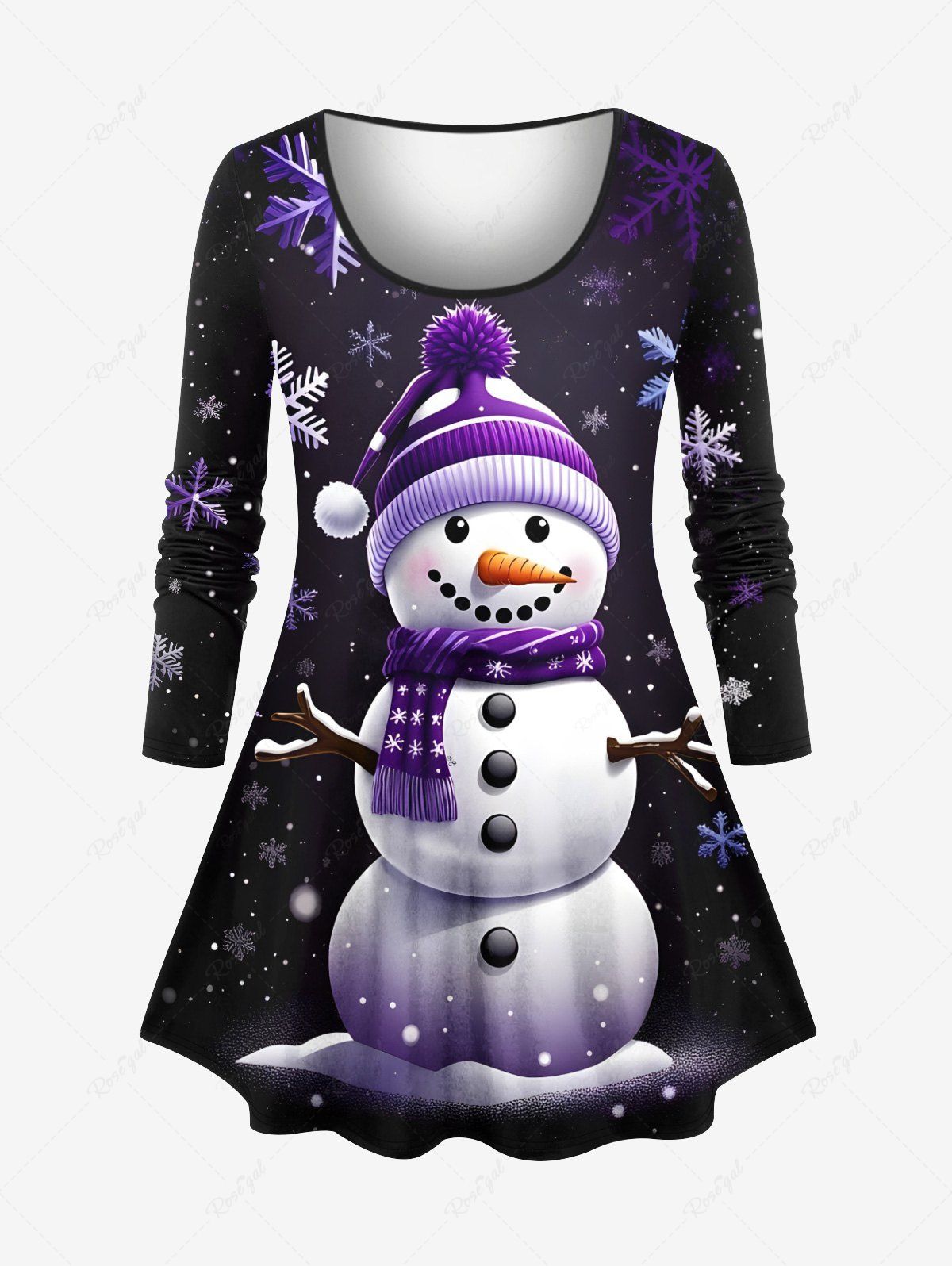 Shop Plus Size Christmas Snowman Snowflake Print Long Sleeves T-shirt  