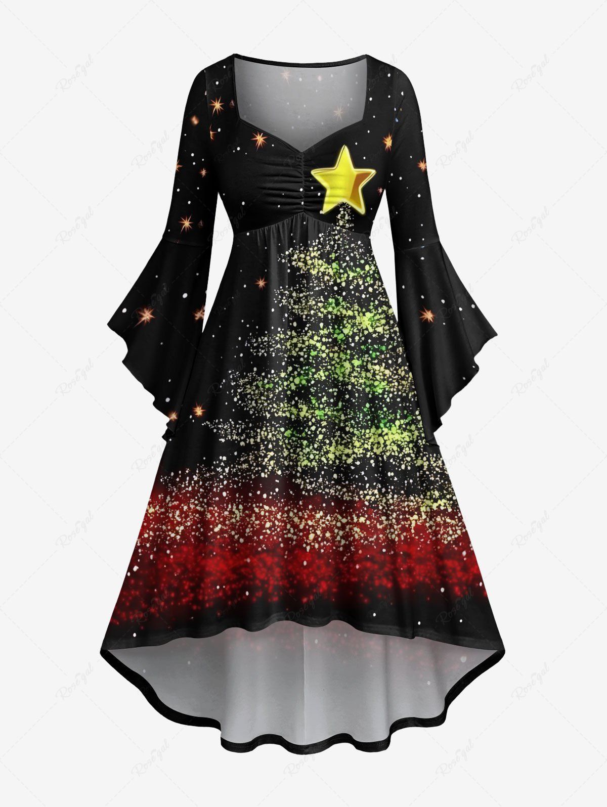 Fancy Plus Size Christmas Tree Star Galaxy Sparkling Sequin 3D Print Ruched Flare Sleeves High Low Dress  