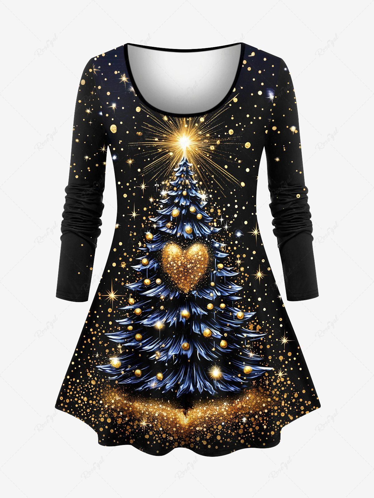 Fancy Plus Size Christmas Tree Ball Star Heart Glitter 3D Print Long Sleeves T-shirt  