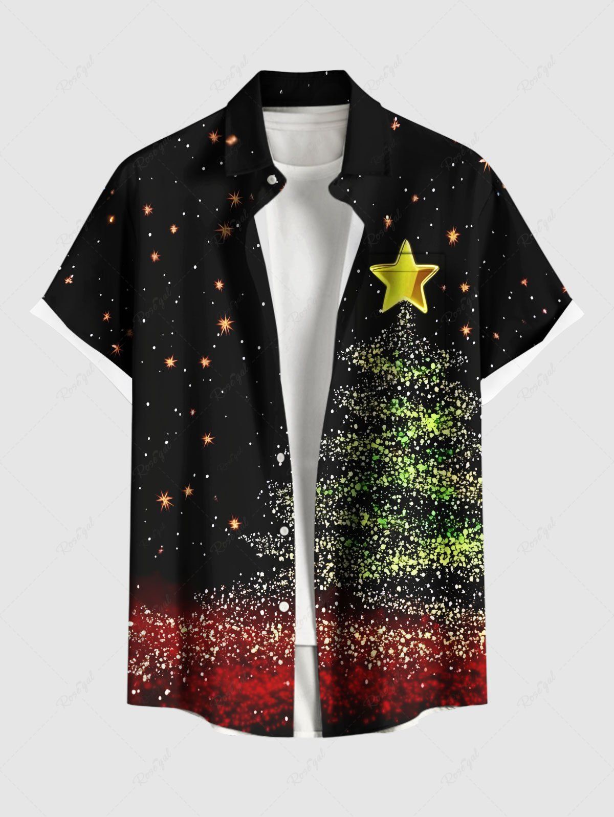 Chemise à poches boutonnées grande taille pour homme, motif sapin de Noël, étoiles et galaxie à paillettes scintillantes, imprimée en 3D. Noir 4XL