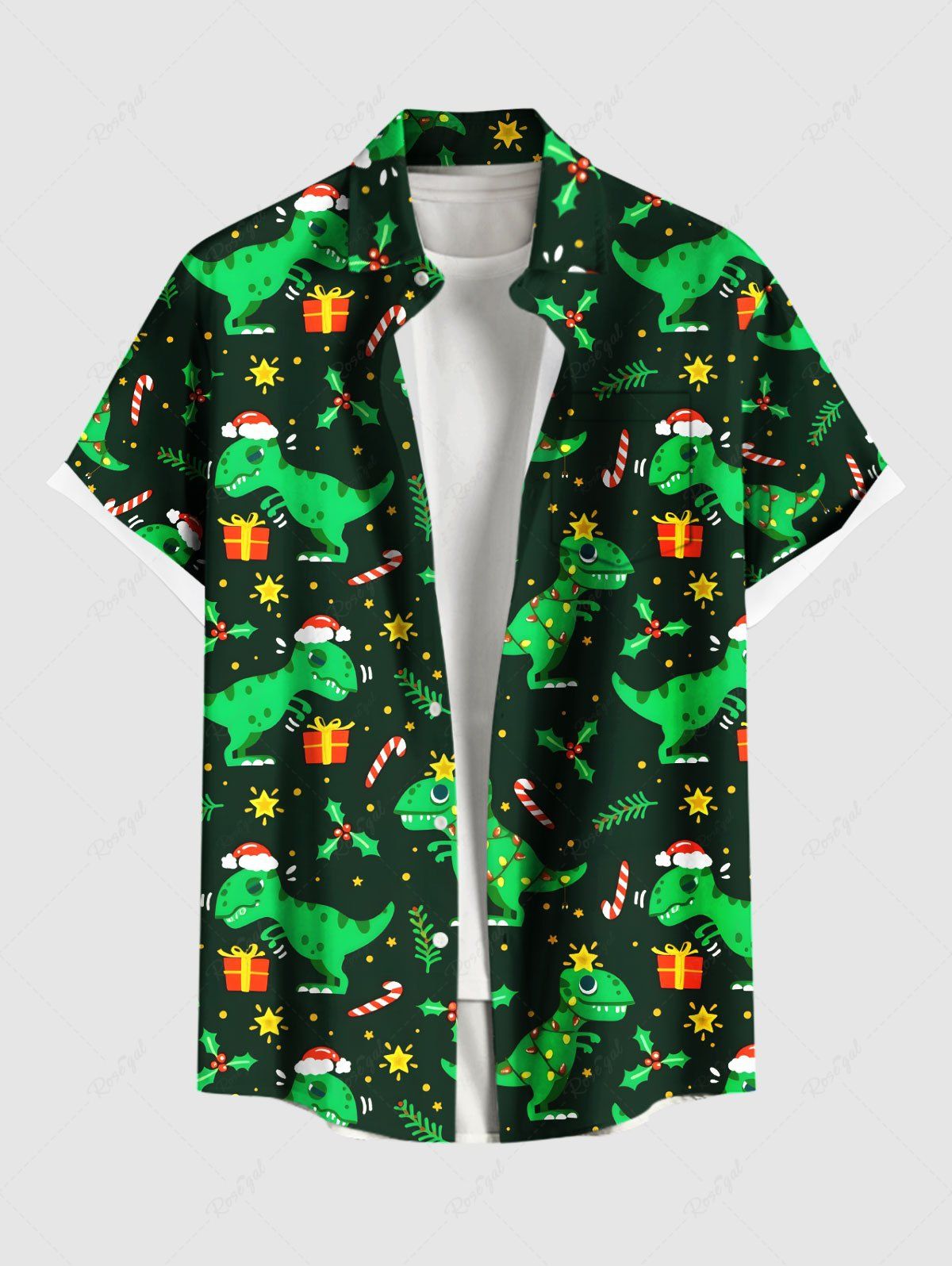 Chemise grande taille pour homme, imprimée Noël, houx, fruits, étoiles, dinosaures et bonbons, avec boutons et poche. Vert 2XL