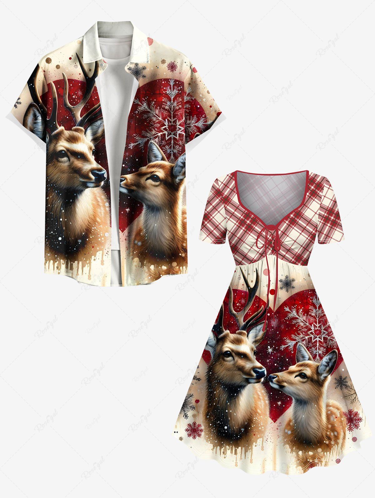 Ensemble assorti grande taille pour couples, motif élan de Noël et flocons de neige, à carreaux Rouge 