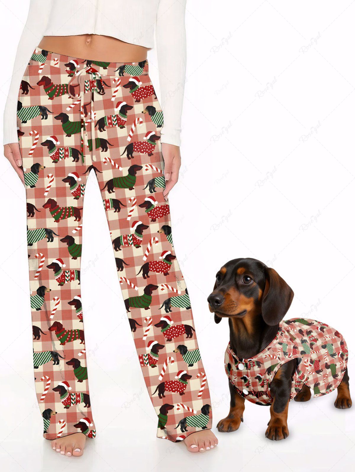 Cheap Christmas Hat Dog Candy Plaid Print Pajama Dog And Owner Matching Outfits  