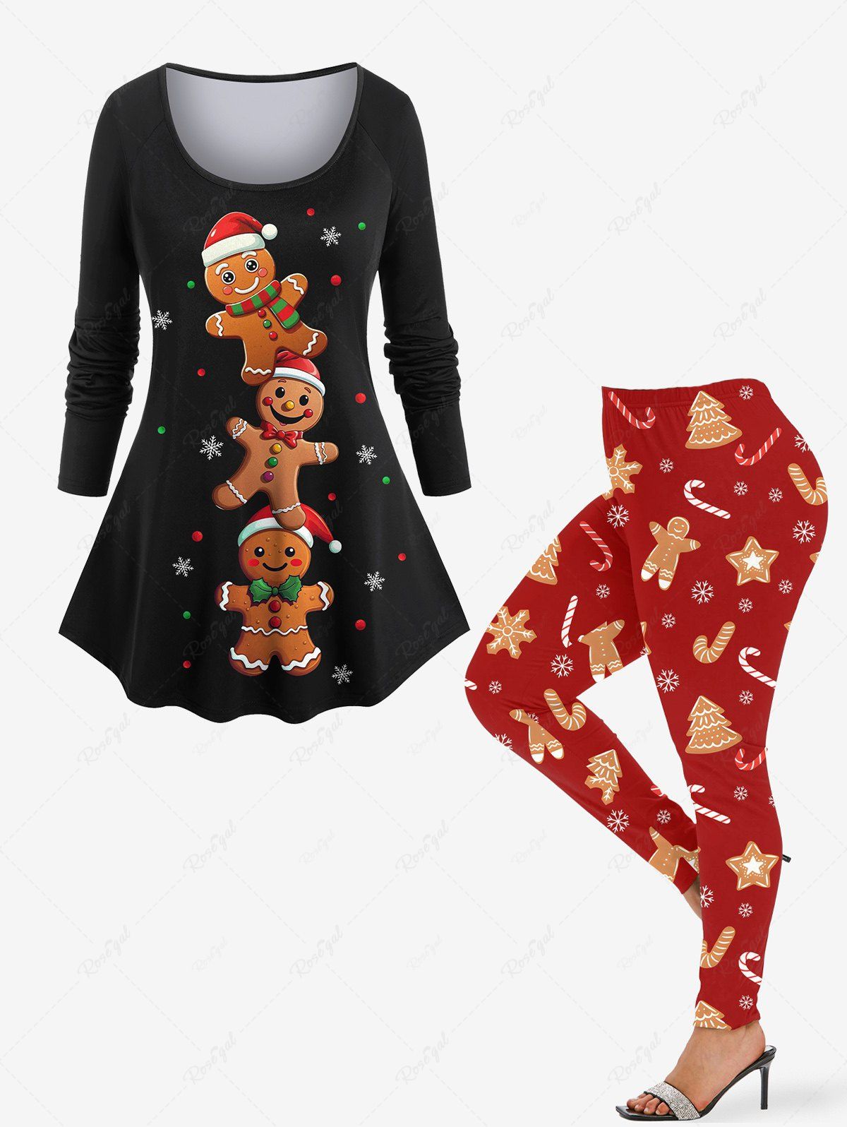 Trendy Women's Christmas Tree Star Gingerbread Print T-shirt and Leggings Plus Size Matching Set  