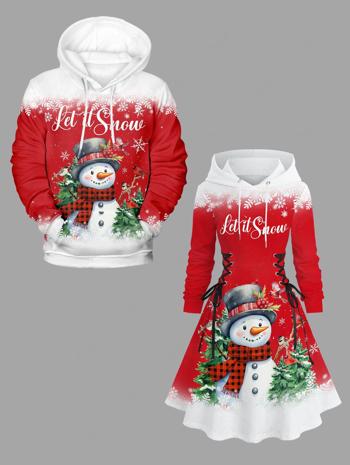 Buy Christmas Tree Snowman Snowflake Birds Print Plus Size Matching Outfit For Couples  