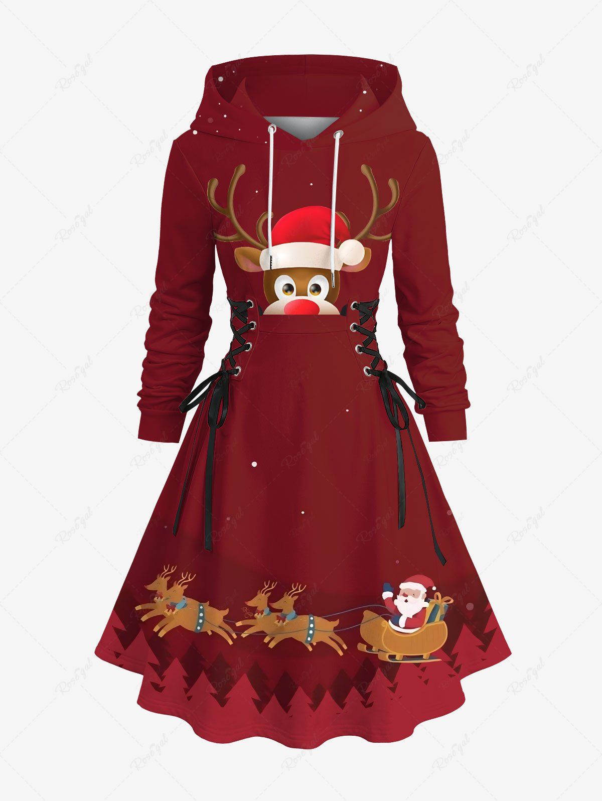 Fashion Plus Size Christmas Hat Elk Print Lace Up Hooded A Line Dress  