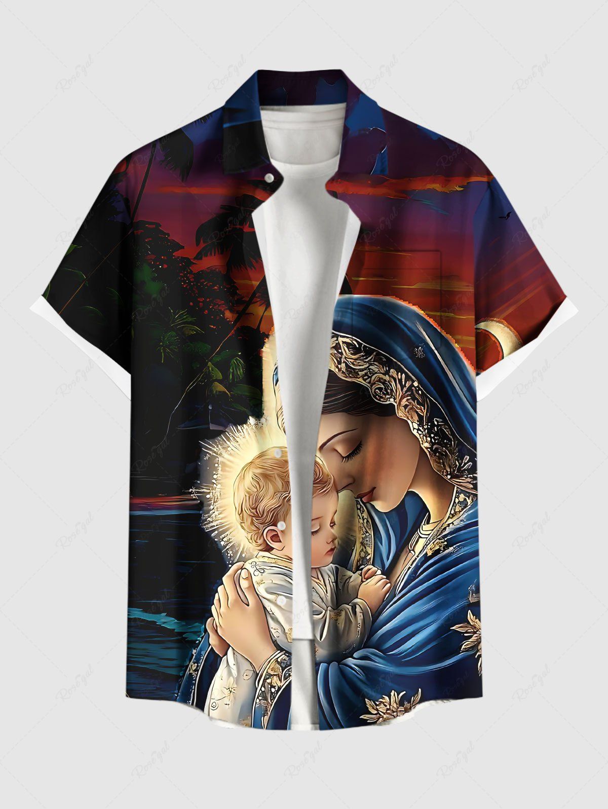 Chemise à poches boutonnées grande taille pour homme, motif cocotier et ombré crépusculaire, grande taille, Noël, Naissance de Jésus Noir 4XL