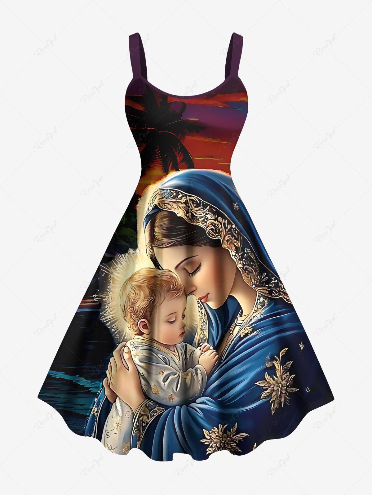 Robe trapèze grande taille à imprimé ombré cocotier et nuptiale, motif Noël et naissance de Jésus Noir 4X