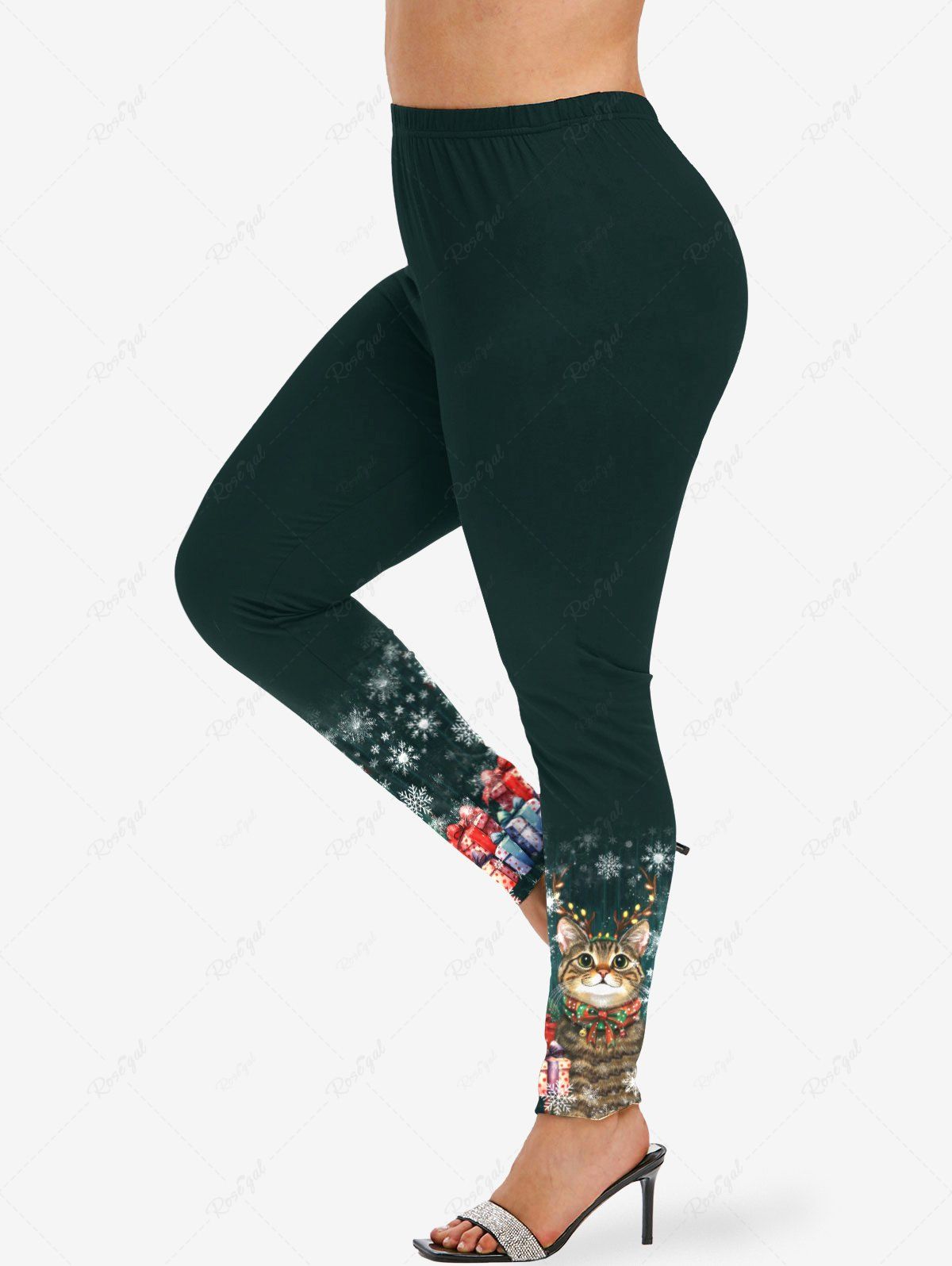 Leggings grande taille à motif flocons de neige, chat et élan, cadeau de Noël Noir 4X