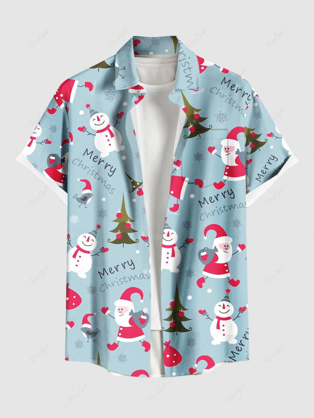 Fashion Plus Size Christmas Tree Santa Claus Snowman Print Buttons Pocket Shirt For Men  