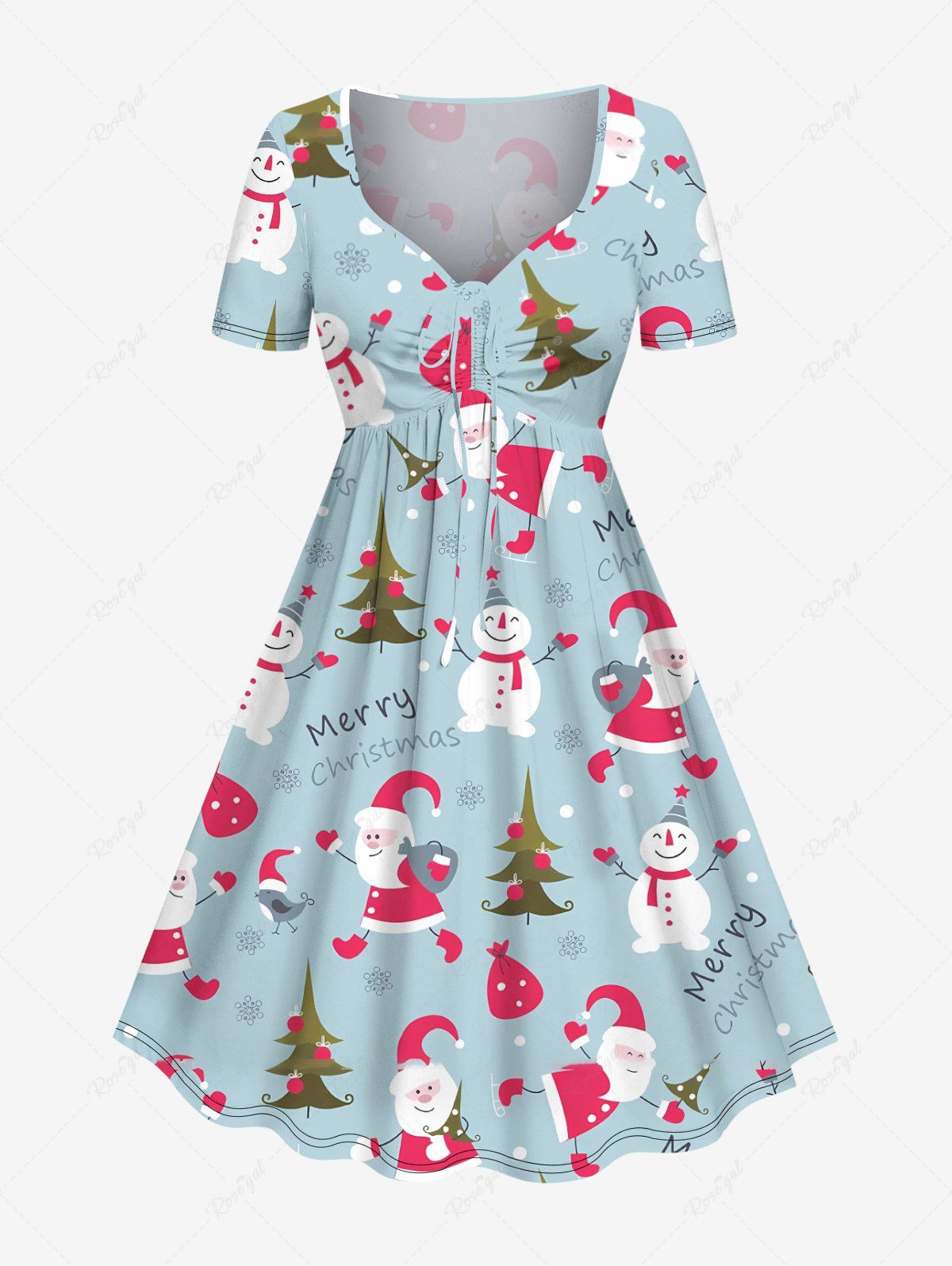 Unique Plus Size Christmas Tree Santa Claus Snowman Print Cinched Dress  