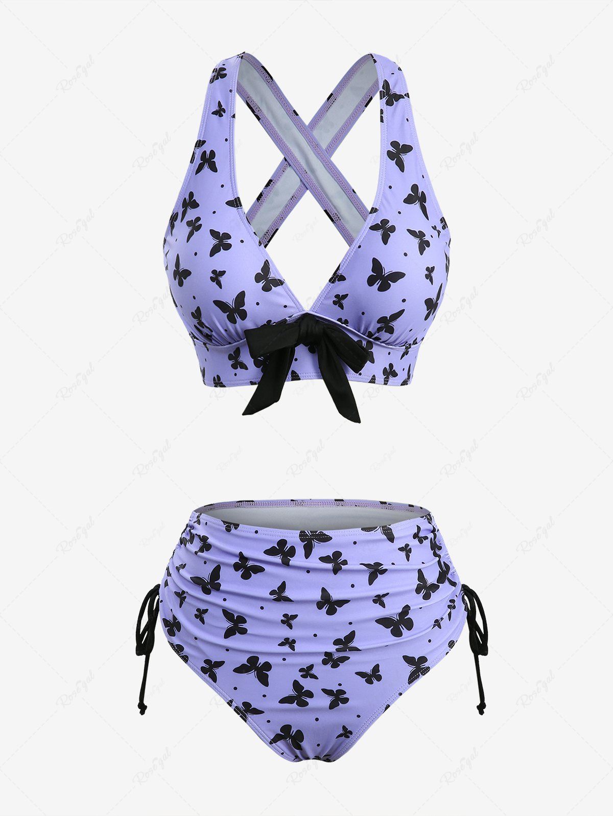 Online Butterfly Print Bowknot Crisscross Straps Cinched Tankini Swimsuit  