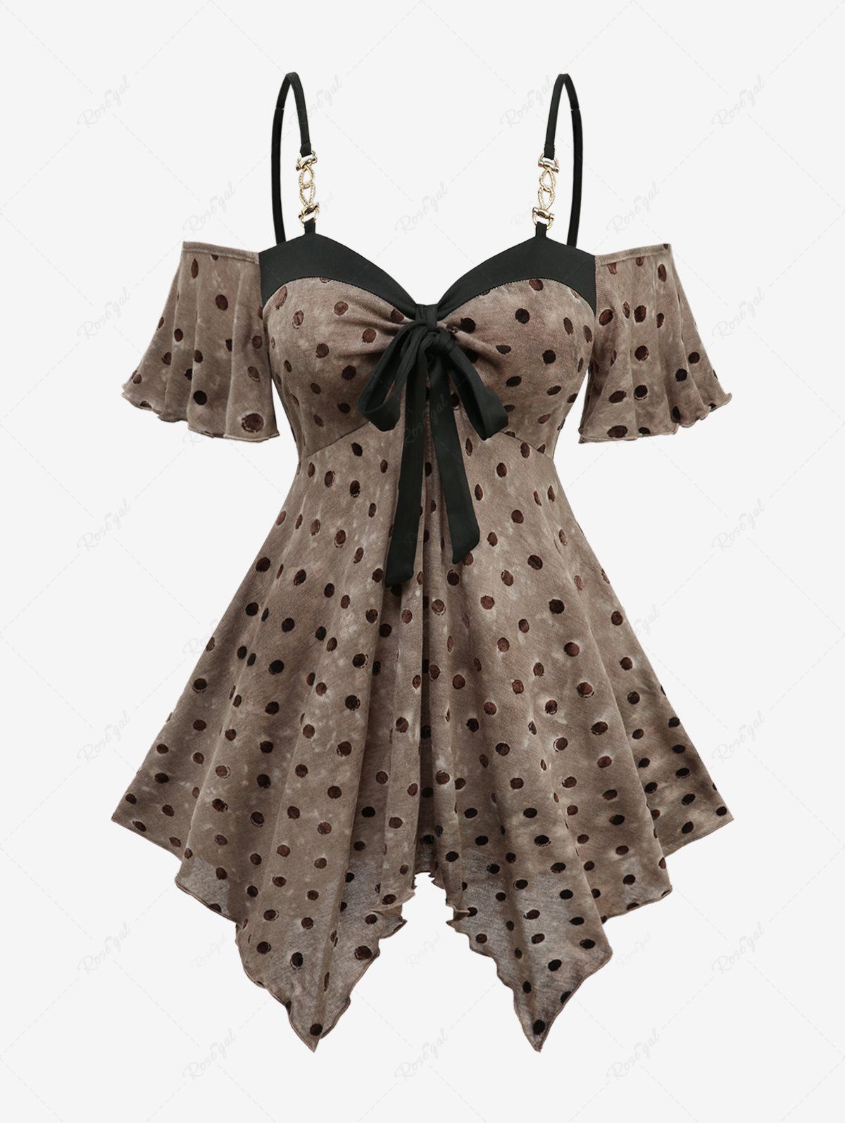 New Cold Shoulder Polka Dot Flocking Tie Dye Bowknot Tied Top  