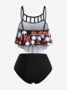 Skull Paisley Mask Print Hollow Out Peplum Hem Tankini Swimsuit (Adjustable Shoulder Strap) -  