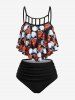 Skull Paisley Mask Print Hollow Out Peplum Hem Tankini Swimsuit (Adjustable Shoulder Strap) -  