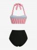 Striped Print Crossover Halter Ruched Button Tankini Swimsuit -  