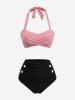 Striped Print Crossover Halter Ruched Button Tankini Swimsuit -  