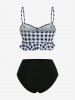 Plaid Print Bowknot Peplum Hem Ruched Tankini Swimsuit (Adjustable Shoulder Strap) -  