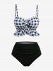 Plaid Print Bowknot Peplum Hem Ruched Tankini Swimsuit (Adjustable Shoulder Strap) -  