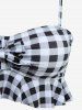 Plaid Print Bowknot Peplum Hem Ruched Tankini Swimsuit (Adjustable Shoulder Strap) -  