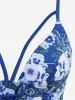 Maillot de bain tankini à lacets et fronces, imprimé tête de mort, hibiscus et feuilles (bretelles réglables) - Bleu Marine S