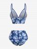 Maillot de bain tankini à lacets et fronces, imprimé tête de mort, hibiscus et feuilles (bretelles réglables) - Bleu Marine S