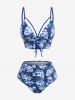 Maillot de bain tankini à lacets et fronces, imprimé tête de mort, hibiscus et feuilles (bretelles réglables) - Bleu Marine S