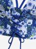 Maillot de bain tankini à lacets et fronces, imprimé tête de mort, hibiscus et feuilles (bretelles réglables) - Bleu Marine S