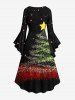 Robe grande taille à imprimé sapin de Noël étoiles galaxie pailletées 3D, manches évasées froncées, coupe asymétrique - Noir 4X