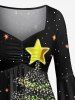 Robe grande taille à imprimé sapin de Noël étoiles galaxie pailletées 3D, manches évasées froncées, coupe asymétrique - Noir 4X