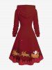 Plus Size Christmas Hat Elk Print Lace Up Hooded A Line Dress - Rouge Cerise 1X