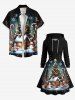 Plus Size Christmas Tree Snowflake Snowman Candy House Ombre Galaxy Print Lace Up Hooded Dress -  
