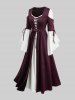 Plus Size Lace-up Grommets Ruffles Lace Trim Flare Sleeves 2 In 1 Dress -  