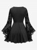 Plus Size Skulls Flocking Ruched Lace Trim Flare Sleeves Top -  