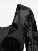 Plus Size Skulls Flocking Ruched Lace Trim Flare Sleeves Top -  