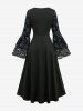 Plus Size Lace-up Grommets Lace Trim Rose Flower Velvet Dress -  