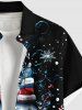 Chemise grande taille pour homme, imprimé bonhomme de neige et fleurs de Noël, boutons et poche. - Noir L