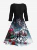 Christmas Elk Rose Flower Butterfly Printed Ombre Midi 50's Vintage A Line Dress -  