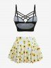Sunflowers Print Lattice Crisscross Skirt 3 Piece Tankini Swimsuit -  