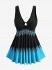 Flower Colorblock Print O-ring Ruched Panel Boyleg Tankini Swimsuit -  