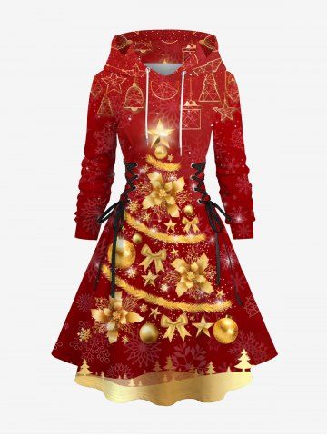 Plus Size Christmas Tree Bowknot Ball Bell Flowers Snowflake Print Lace Up Drawstring Hoodie Dress - RED - XS