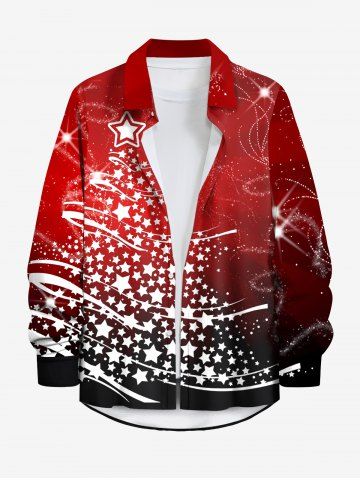 Plus Size Christmas Tree Stars Print Buttons Pocket Shirt For Men - RED - 7XL