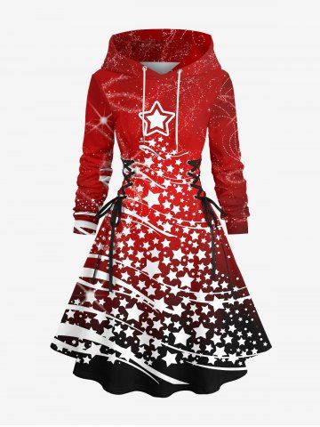 Plus Size Christmas Tree Stars Print Lace Up Drawstring Hoodie Dress - RED - XS