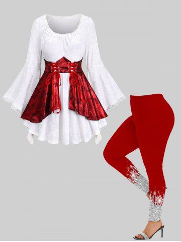 Flare Sleeves Glitter Lace Up Ruched Velvet T-shirt and Christmas Snowflake Print Leggings Plus Size Outfit - RED
