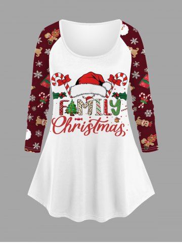 Plus Size Women's Christmas Tree Snowflake Gingerbread Hat Candy Letters Print Long Sleeves T-shirt - RED - S