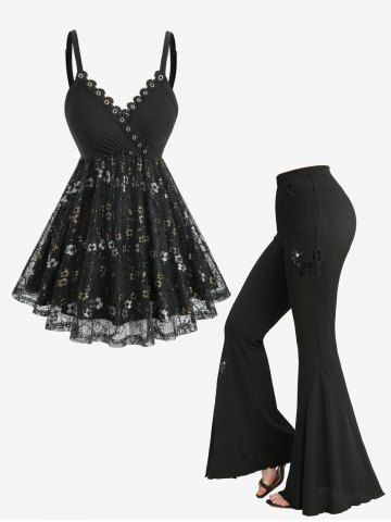 Floral Lace Sequins Overlay Surplice Top and Butterfly Applique Ribbed Pocket Flare Pants Outfit - BLACK