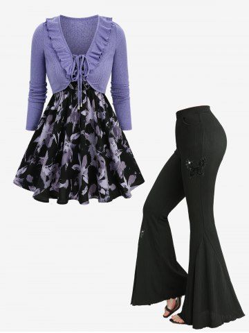 Flower Printed Camisole and Ruffles Cropped Top Set and Butterfly Applique Ribbed Pocket Flare Pants Outfit - PURPLE